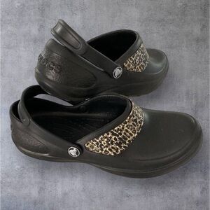 CROCS Black and Leopard Print Sandals